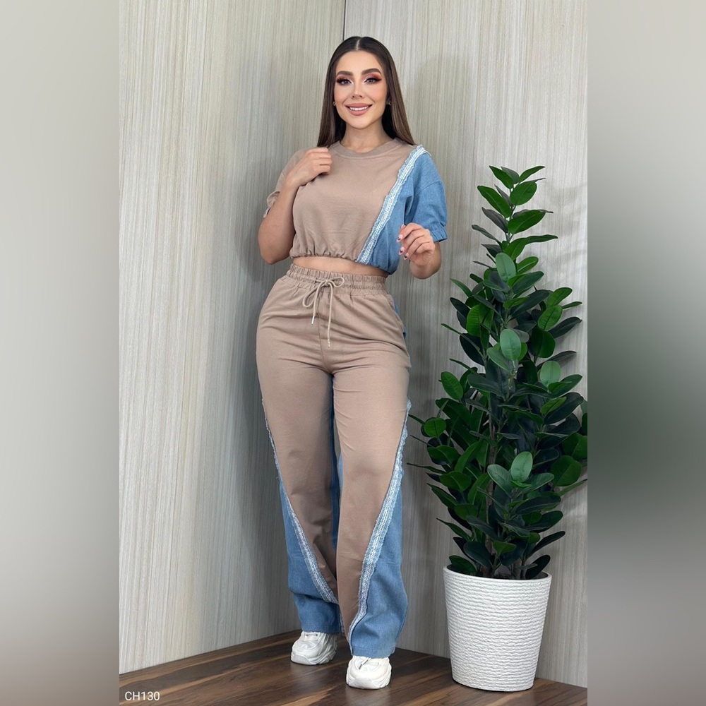 Two-Tone Beige and Light Blue Women's Jogger Set